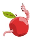 Funny worm. Pink happy crawler creeps on apple and smiles. Earth worm cartoon character, wildlife nature. Insect for