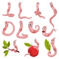 Funny worms collection. Soil crawlers with various emotion expressions. Set happy, amazement, pensive, upset applegrubs