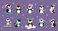 Funny xmas penguins, christmas holidays penguin wear hats and scarves. Cute winter animals, happy funny children nowaday Royalty Free Stock Photo