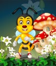 Funny Yellow Bee With Rock, White Flower, And Red Mushroom House Cartoon Royalty Free Stock Photo