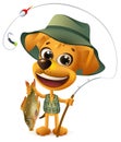 Funny yellow dog fisherman holds large fish. Successful fishing big catch Royalty Free Stock Photo