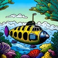 Funny yellow fishlike submarine in the sea Royalty Free Stock Photo
