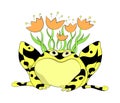 A funny yellow frog with flowers