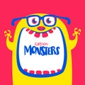 Funny yellow horned cartoon monster wearing eyeglasses. Funny monster with mouth opened wide. Halloween vector illustration.