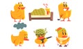 Funny Yellow Humanized Chicken Cartoon Characters in Various Situations Set Vector Illustration Royalty Free Stock Photo