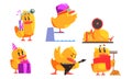 Funny Yellow Humanized Chicken in Various Situations Set, Cute Bird Cartoon Character Activity Vector Illustration Royalty Free Stock Photo