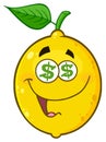 Funny Yellow Lemon Fruit Cartoon Emoji Face Character With Dollar Eyes And Smiling Expression. Royalty Free Stock Photo