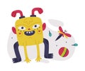 Funny Yellow Monster with Toothy Mouth with Ball and Dragonfly Vector Illustration