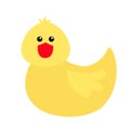 Funny yellow rubber duck bird toy. Cute cartoon character. White background. Isolated. Flat design.