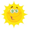 Funny Yellow Sun Cartoon Emoji Face Character With Dollar Eyes And Smiling Expression.