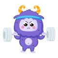 Funny Yeti mascot character workout in the gym, making exercises with dumbbell