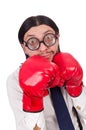 Funny young businessman with boxing gloves isolated Royalty Free Stock Photo
