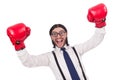 Funny young businessman with boxing gloves isolated Royalty Free Stock Photo