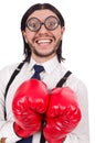 Funny young businessman with boxing gloves isolated Royalty Free Stock Photo