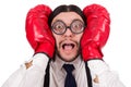 Funny young businessman with boxing gloves isolated Royalty Free Stock Photo