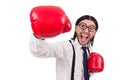 Funny young businessman with boxing gloves isolated Royalty Free Stock Photo