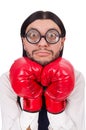 Funny young businessman with boxing gloves isolated Royalty Free Stock Photo