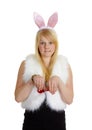 Funny young girl with a pink rabbit ears Royalty Free Stock Photo