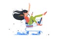 Funny young girl rides shopping cart after order complete. Royalty Free Stock Photo