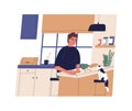 Funny young man making sandwich in kitchen. Happy cute boy cooking at home. Smiling guy preparing breakfast, lunch or