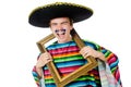 Funny young mexican with photo frame isolated on