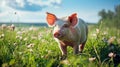 funny young pig is standing on the green grass. Happy piglet on the meadow with flowers. Nature farming background Royalty Free Stock Photo