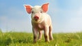 funny young pig is standing on the green grass. Happy piglet on the meadow. generative ai Royalty Free Stock Photo