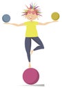 Smiling cartoon young woman do exercises with the balls vector illustration