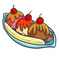 Funny and yummy banana split with three scopes ice cream