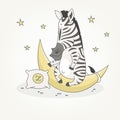 Funny zebra and moon