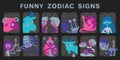 Funny zodiac signs. Set. Colorful vector illustration of all zodiac signs in hand-drawn sketch style isolated on dark