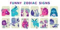 Funny zodiac signs. Set. Colorful vector illustration of all zodiac signs in hand-drawn sketch style isolated on white