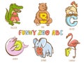 Funny zoo animals kid's alphabet. Hand drawn ink colorful style. Royalty Free Stock Photo