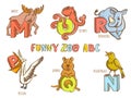 Funny zoo animals kid's alphabet. Hand drawn ink colorful style. Royalty Free Stock Photo