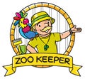 Funny zoo keeper with parrot. Emblem