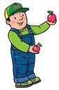 Funy farmer or gardener with apples