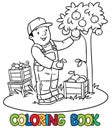 Funy farmer or gardener with apples. Coloring book Royalty Free Stock Photo