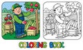 Funy farmer or gardener with apples. Coloring book Royalty Free Stock Photo