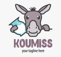 Funy koumiss logo. Cute funny smiling cartoon donkey with milk. Traditional Kazakh drink sign