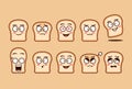 Funny flat plain bread cartoon character mascot emoji emotion expression set