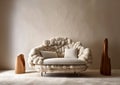 Fur loveseat sofa near empty beige stucco wall. Minimalist interior design of modern living room. Created with generative AI