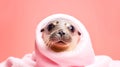 A fur seal wrapped in a pink towel after a bath Royalty Free Stock Photo