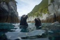 fur seals playing in shallow waters near the coast Royalty Free Stock Photo