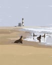 Fur seals on the seashore. Lighthouse on the coast.
