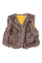 Fur vest. A brown fur vest with yellow wool lining fabric for the little girl isolated on a white background. Child spring and