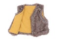 Fur vest. A brown fur vest with yellow wool lining fabric for the little girl isolated on a white background. Child spring and