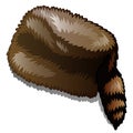 Fur winter hat with tail isolated on white background. Vector cartoon close-up illustration.