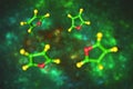 Furan, a five membered heterocyclic highly toxic organic compound. Molecular models. 3d illustration