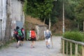 A group of pilgrims with backpack and wooden stick