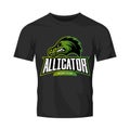 Furious alligator sport vector logo concept isolated on black t-shirt mockup.